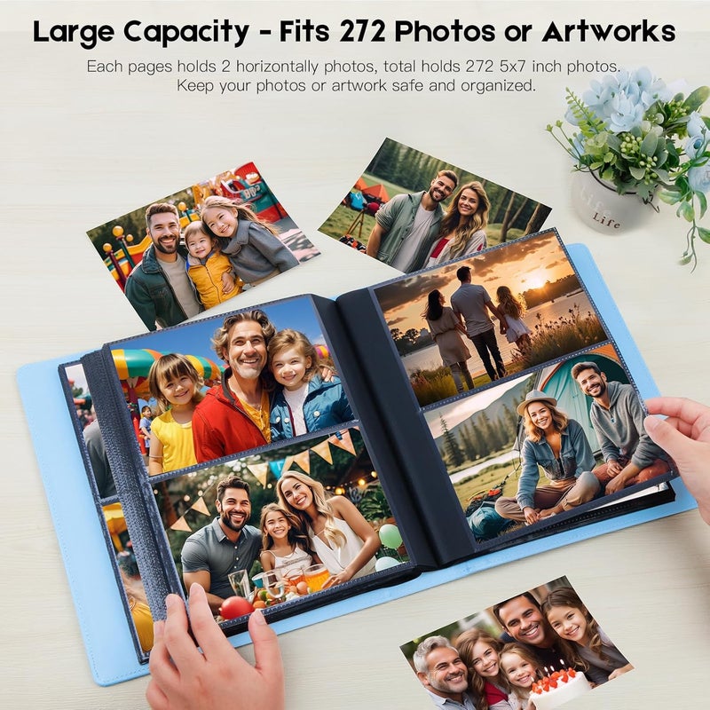 Aevdor 272 Pockets Photo Album 5x7 Holds 272 Photos, 5x7 Photo Album Extra Large Capacity Leather Cover Photo Albums for Family Wedding Baby Pictures (Blue) - Image 2